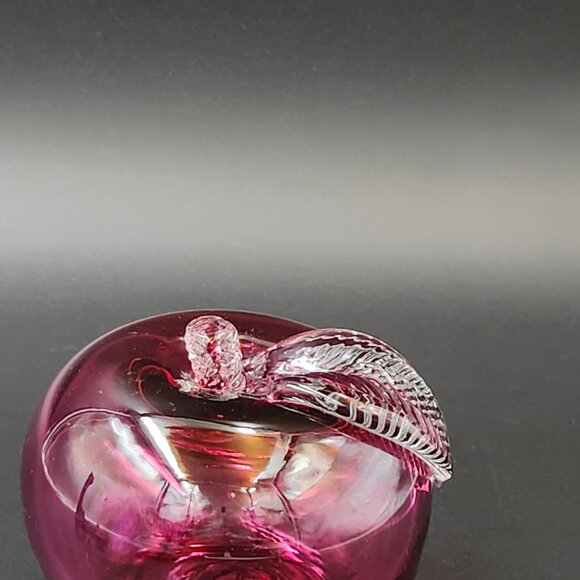 Canadian Artglass Cranberry Glass Red Apple w Applied Leaf and Stem - Picture 2 of 8